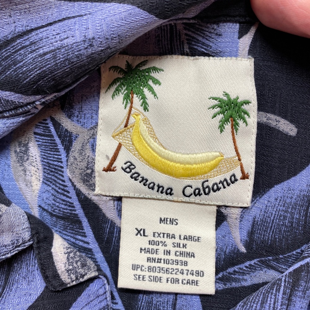 Banana Cabana Silk Hawaiian Shirt Mens XL Blue‎ Black Tropical Leaf Print Camp - Picture 2 of 10